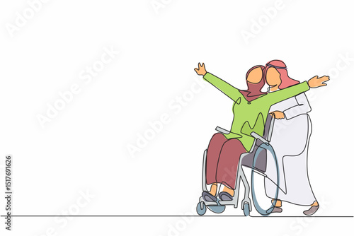 Single continuous line drawing happy disabled Arabic woman in wheelchair on walk with her loving husband outdoors, spending time together. Impaired couple enjoying fun day. One line draw design vector