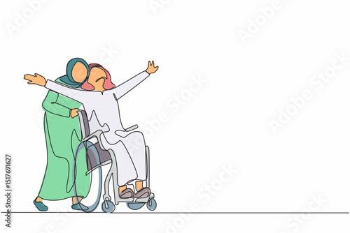 Single one line drawing happy disabled Arab man in wheelchair on walk with his loving wife outdoors, having fun, spending time together. Impaired couple enjoying fun day. Continuous line design vector