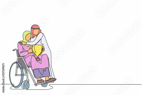 Single continuous line drawing disability Arab woman on wheelchair with trophy cup sharing her joy from achievements, victory with her husband. Disabled people success in sport. One line design vector