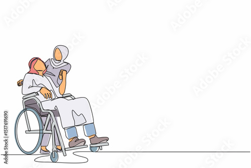 Continuous one line drawing Arabian wife embracing disabled husband sitting on wheelchair. Couple looking at each other with love. Woman holding hands of disable man. Single line design vector graphic