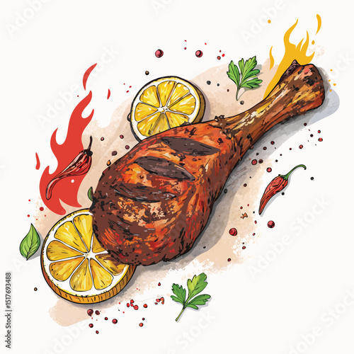 A succulent tandoori chicken leg, exhibiting charred edges and glistening skin, served alongside a vibrant wedge of lemon.