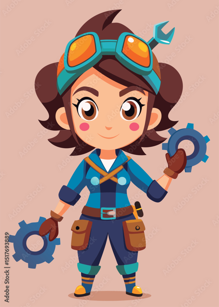 Cute girl mechanic holding gears. Cute girl mechanic holding gears.