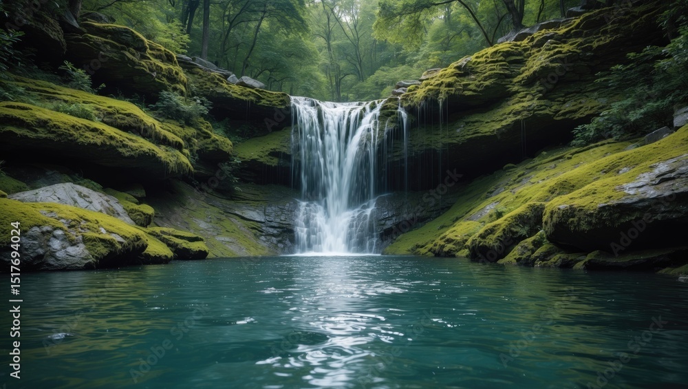 Naklejka premium Stunning natural scenery with lush forest and cascading waterfall in an Indonesian jungle