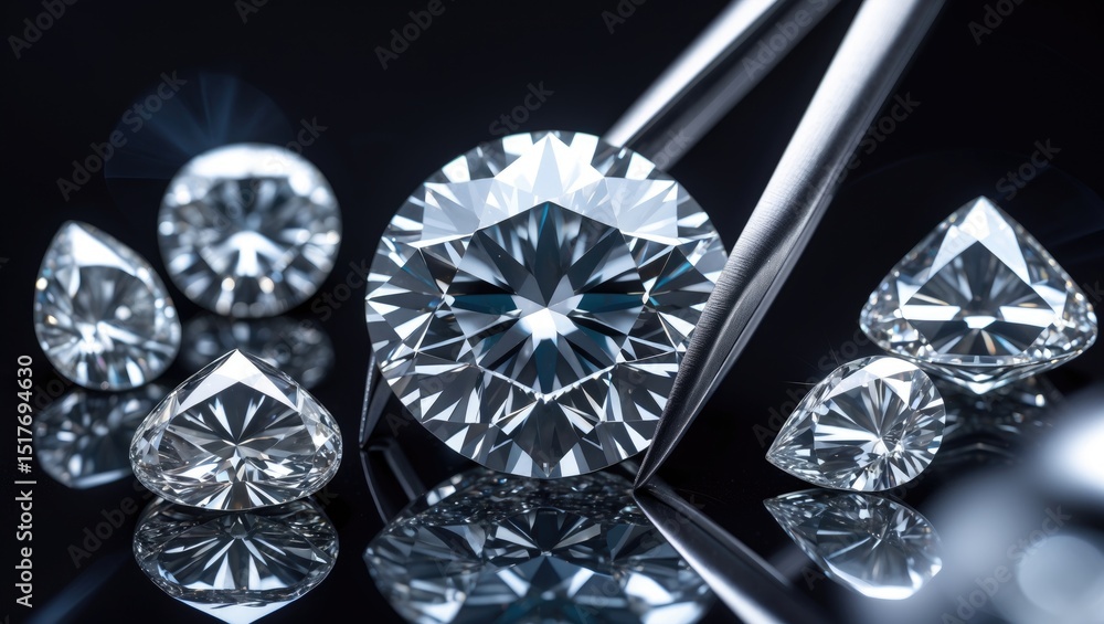 Large, polished brilliant and heart-shaped diamonds with reflective black background and hand inspecting Large, polished brilliant and heart-shaped diamonds with reflective black background and hand inspecting