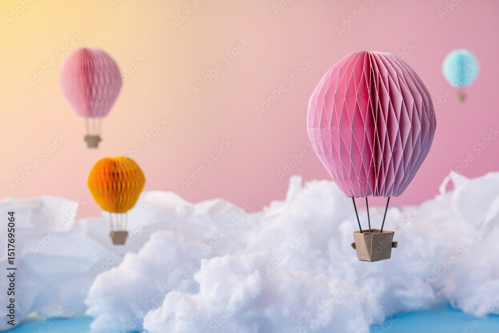 Obraz premium Paper Balloon Sky. A dreamy sky filled with colorful origami hot air balloons floating among layered paper clouds. The balloons are detailed with folds and patterns. 