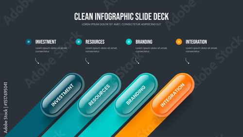 Financial Introduction 4 Option Infographic Slide Layout. Project Insight Slideshow Design Vector Illustration. Modern Showcase Four Element Diagram Presentation Template.