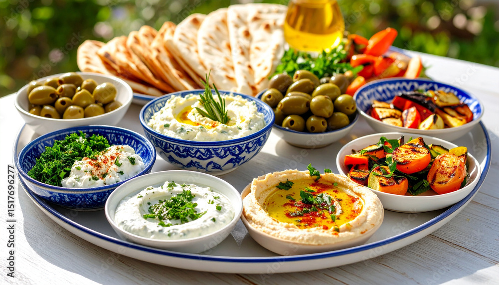 Mediterranean Mezze Platter with Hummus, Dips, Olives, and Grilled Vegetables Mediterranean Mezze Platter with Hummus, Dips, Olives, and Grilled Vegetables