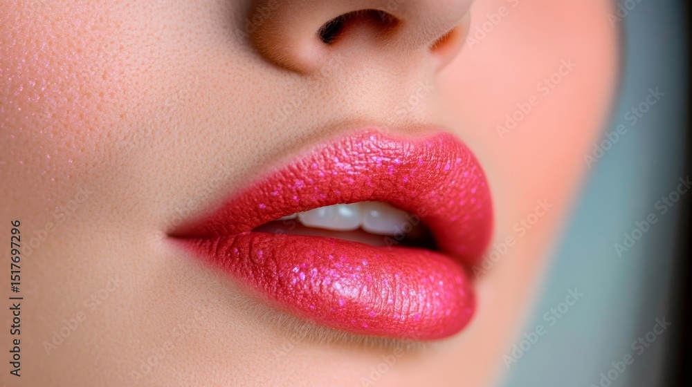 Obraz premium Close-up of Woman s Pink Lips with Glitter Makeup, Beauty, and Cosmetics Concept for Advertising
