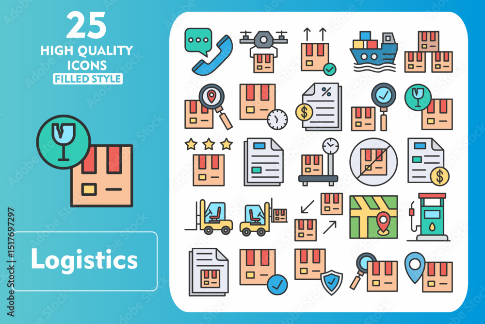 Logistics Line Filled Icon Set. Incleded Icons Phone Call, Document, Geolocation, Fuel, Delivery Note, Delivery Box, Safety, Inspection, Location. Vector Icons Collection Logistics Line Filled Icon Set. Incleded Icons Phone Call, Document, Geolocation, Fuel, Delivery Note, Delivery Box, Safety, Inspection, Location. Vector Icons Collection