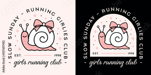 Girls run club logo slow sunday running funny quotes shirt design for runner marathoner women girlies squad. Retro pink coquette kawaii aesthetic cute snail printable illustration humor badge sticker.