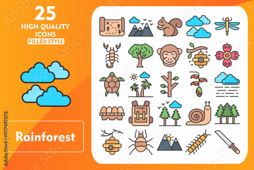 Rainforest Line Filled Icon Set. Incleded Icons Map, Mountain, Squirrel, Clouds, Dragonfly, Scorpion, Tree, Monkey, Beehive, Rafflesia. Vector Icons Collection