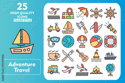 Adventure Travel Line Filled Icon Set. Incleded Icons Departures, Planet Earth, Buoy, Cruise, Caravan, Aeroplane, Arrival, Tent, Earth Globe, Placeholder. Vector Icons Collection