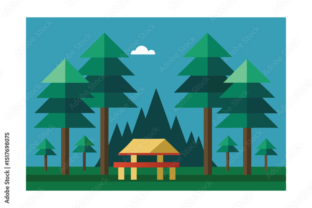 Obraz premium stylized forest campground with picnic tables