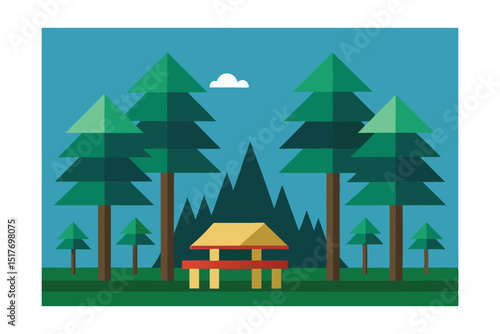 stylized forest campground with picnic tables