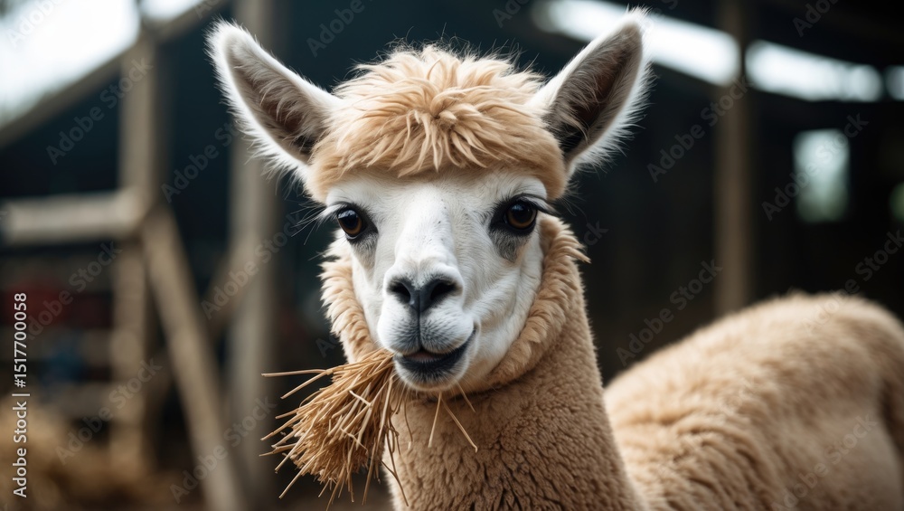 Fototapeta premium Cute Alpaca Chewing Grass in Peru's Beautiful Farm Background