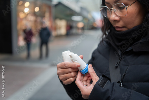 Woman looking at reliever asthma inhaler