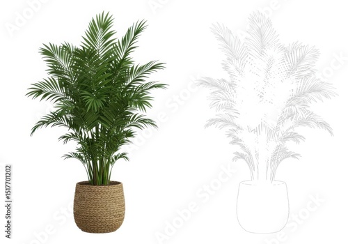 Kentia palm plant in woven basket pot isolated on white background