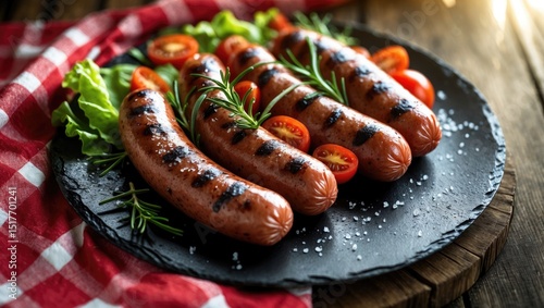 Spicy grilled sausages served on a rustic stone plate with herbs