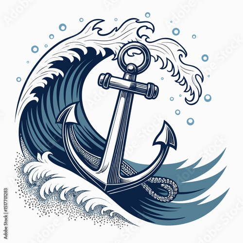 A colossal wave, powerfully crashing against a massive, rusted anchor submerged in the ocean, with surfers navigating the turbulent surf nearby.