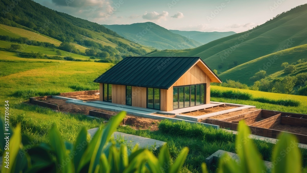 Fototapeta premium Construction of a Traditional Wooden House in Scenic Mountains