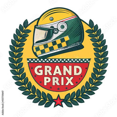 Design a retro F1 racing badge featuring a vintage racing helmet encircled by a laurel wreath.  Include detailed textures and a classic motorsport aesthetic.