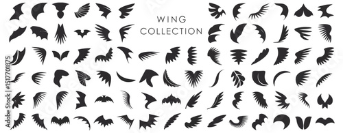 Wing vector set with bird, angel, bat, eagle, and minimalist wing icons for tattoos, branding, fantasy art, or emblem design

