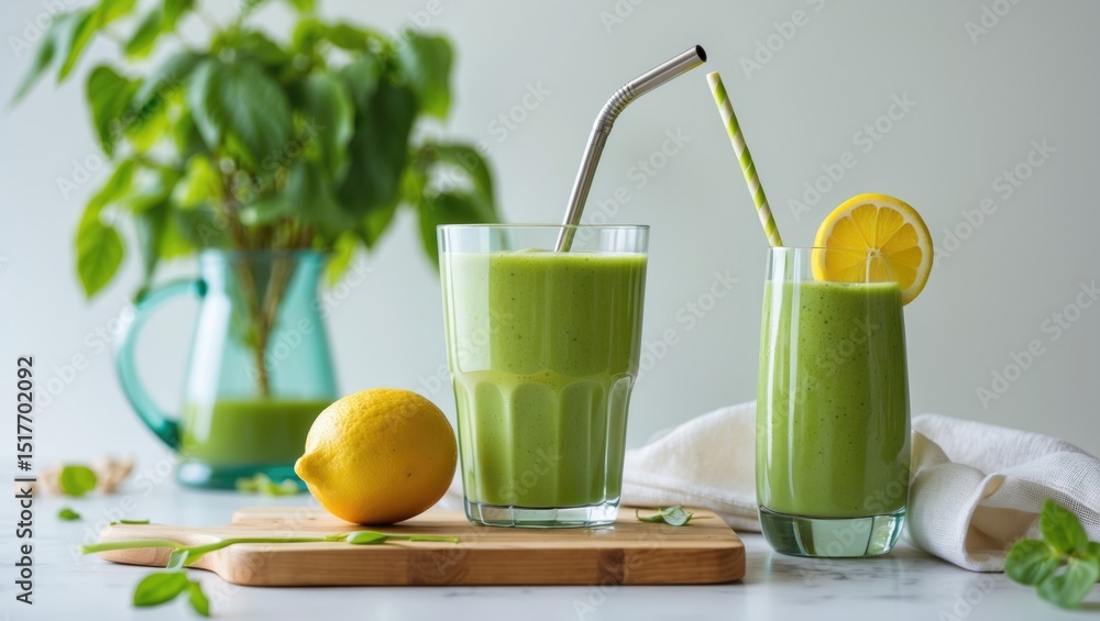 Fototapeta premium Fresh green smoothie featuring spinach, lemon, and superfoods for a healthy lifestyle