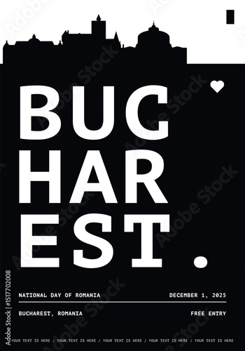 Bucharest typography minimalist vector poster for national event, festival, independence day, holiday layout. Brochure, leaflet, flyer, presentation image template for Romania city