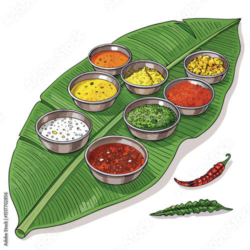 A vibrant overhead shot of a traditional banana leaf meal served on a large banana leaf, featuring an array of small bowls filled with diverse South Indian curries and accompaniments.