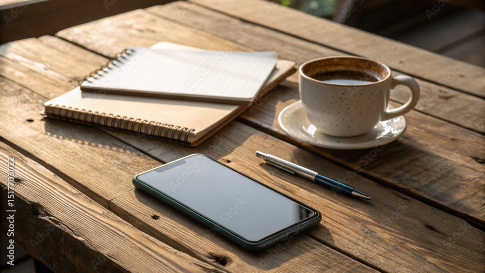 Modern Smartphone on a Rustic Wooden Table with Coffee Cup Modern Smartphone on a Rustic Wooden Table with Coffee Cup