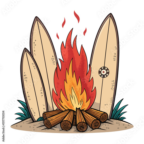 A vibrant beach bonfire at twilight, with colorful surfboards neatly stacked around the crackling flames, casting a warm glow on the sand.