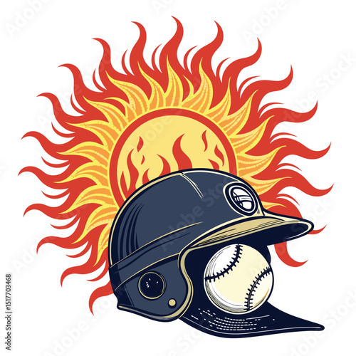 A vintage baseball catcher's helmet silhouetted against a vibrant, blazing sun, evocative of summer and classic sports.