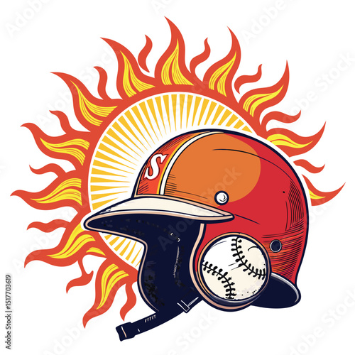 A vibrant sun setting behind a weathered vintage baseball catcher's helmet and bat, casting dramatic shadows.