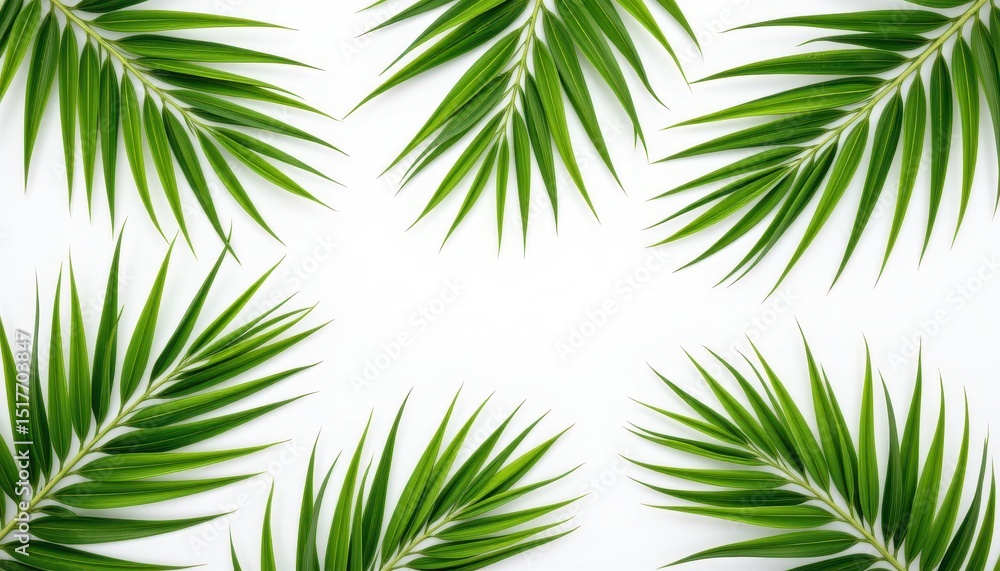 Lush Green Palm Fronds Arranged Symmetrically on White Background Perfect for Tropical Summer Designs Lush Green Palm Fronds Arranged Symmetrically on White Background Perfect for Tropical Summer Designs