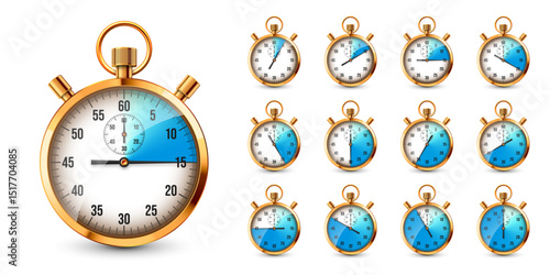 Realistic classic stopwatch. Shiny golden metal chronometer, time counter with dial. Blue countdown timer showing minutes and seconds. Time measurement for sport, start, finish. Vector illustration