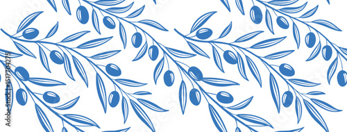 Hand-drawn seamless olive branch pattern with blue berries and fine leaves. Perfect for Mediterranean-themed packaging, kitchen or organic branding. Elegant and natural botanical design.