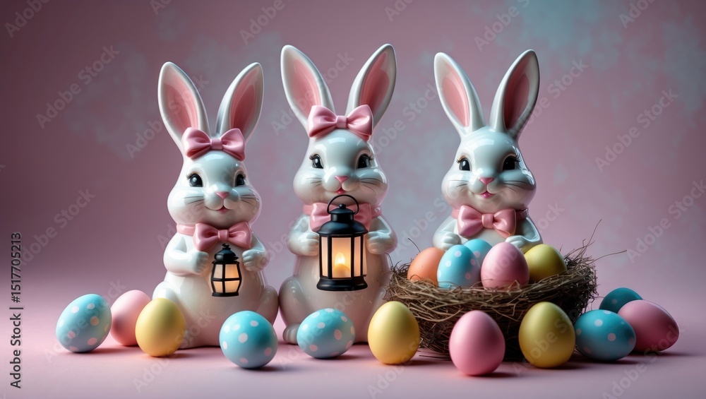 Fototapeta premium Decorative Easter scene featuring ceramic white bunny, pink bow, mushrooms, and Easter eggs arranged in nests on pink background for greeting cards
