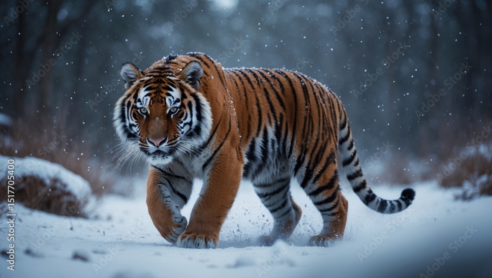 Obraz premium Close-up of a Siberian tiger, Panthera tigris altaica, in a blizzard with intense eye contact amidst deep snow.