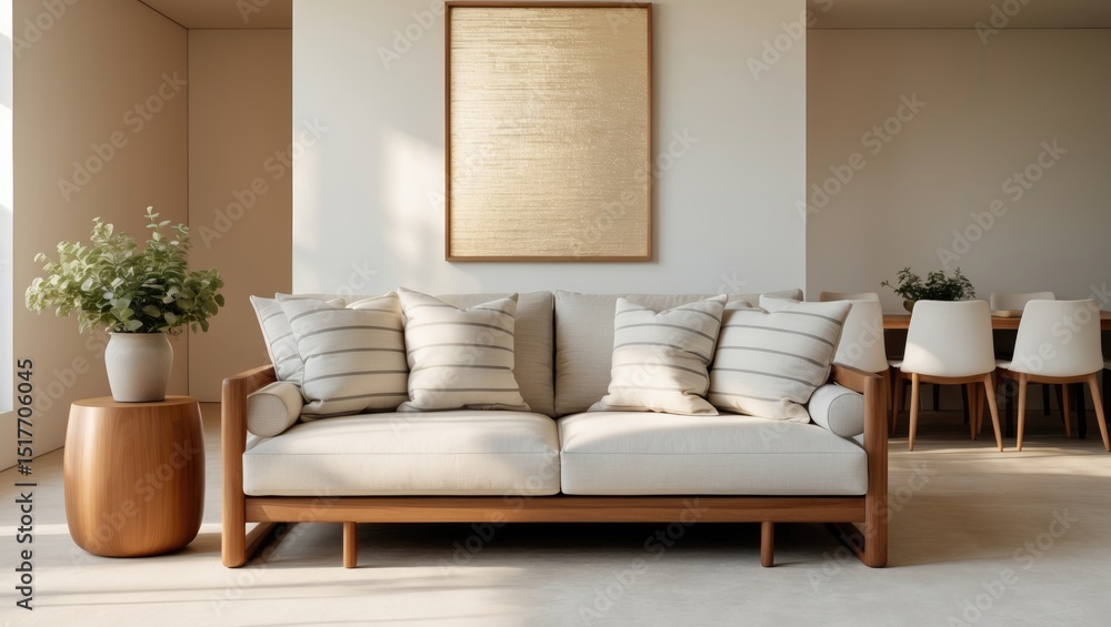 Modern home space showing gold poster over white cabinet next to beige wooden settee, dining area with table and plants Modern home space showing gold poster over white cabinet next to beige wooden settee, dining area with table and plants