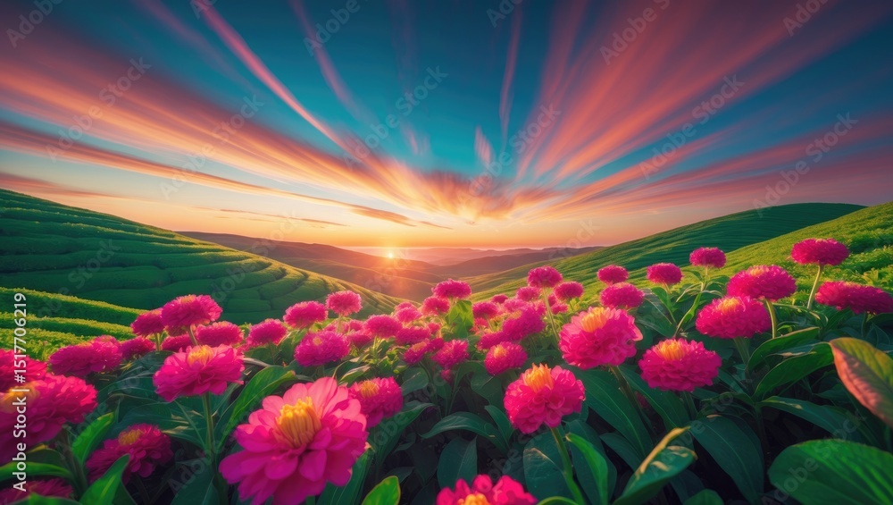 Fototapeta premium Stunning scenic view of the Carpathian mountains during summer sunset, featuring vibrant pink rhododendrons, lush grass, and a beautiful floral background.