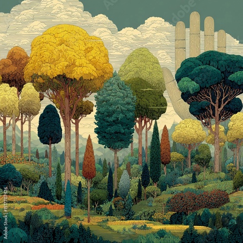 Forest landscape with vibrant trees and a large hand in the background Generative AI