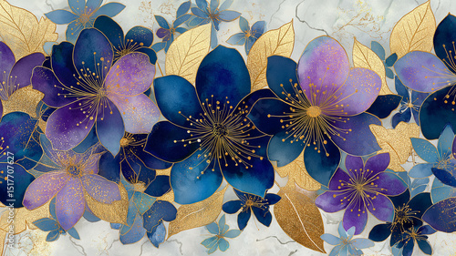 藍と紫に煌めく金の花模様が彩る和風アートパターン｜高級感ある着物・帯・背景素材・和モダン・華やか・金色の装飾・伝統とモダンの融合を感じるデザイン素材