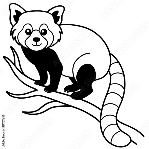 Red Panda on Tree Limb with Tail Hanging in Stylized Line Form