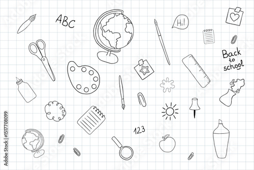 Hand-drawn school doodles on grid background. Perfect for educational posters, worksheets, kids' learning activities, back-to-school projects, and classroom visuals