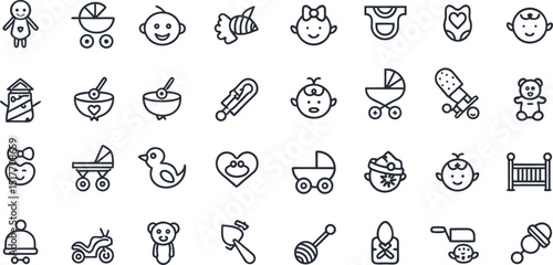 Collection of Minimalist Baby Icons Representing Essential Items and Childhood Elements