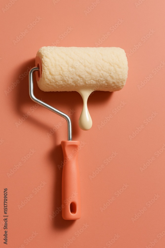 Obraz premium Paint roller with dripping white paint against a soft pink wall