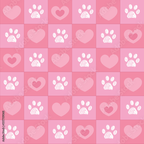 Plaid pink hearts pattern with paw prints.eps