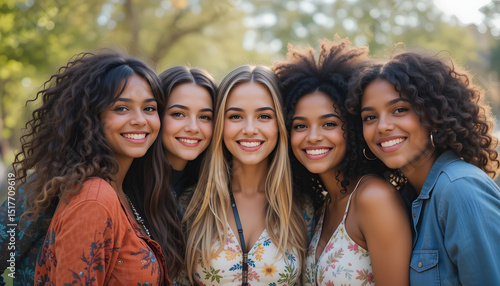 Harmony of Smiles: A radiant group of five women, united in their shared laughter, captures the essence of sisterhood and happiness, framed in a sunny outdoor setting.