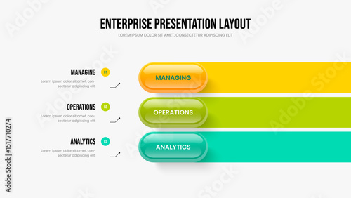 Advertising Solution Three Step Diagram Slideshow Template. Creative Profile 3 Element Infographic Presentation Design. Marketing Strategy Frame Layout Vector Illustration.