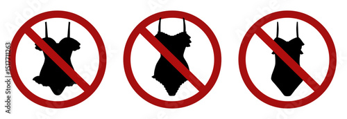 Vector set of prohibition signs with black silhouettes of swimsuits. Entry in swimwear is prohibited. It is forbidden to wear revealing clothes.